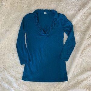 J. Crew Blue 3/4 Sleeve Ruffle V Neck Top XS